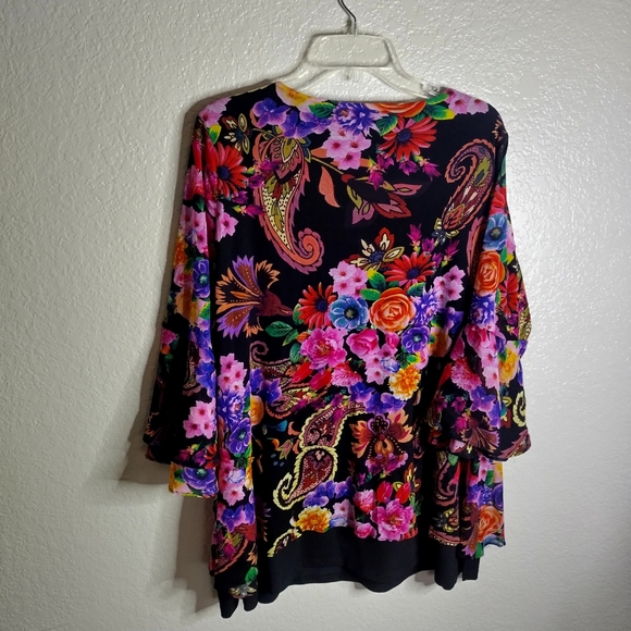 Calessa Tunic Top Floral Layered Bell Sleeve Mesh Stretch Boho Sz L - Picture 6 of 8